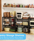Two Tier Expandable Metal Storage Shelves Built For Tough Use With Adjustable Heights From 18.7 To 28.3 Inches Heavy Duty 150 Lbs Per Shelf Utility Rack For Kitchen Garage Laundry Bathroom Pantry And Warehouse, pantry shelves with kitchen appliances and jars