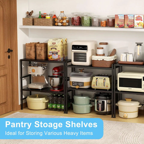 Two Tier Expandable Metal Storage Shelves Built For Tough Use With Adjustable Heights From 18.7 To 28.3 Inches Heavy Duty 150 Lbs Per Shelf Utility Rack For Kitchen Garage Laundry Bathroom Pantry And Warehouse, pantry shelves with kitchen appliances and jars