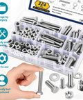 324 Piece SAE Bolt And Nut Kit With Stainless Steel 304 Washers Case, open case showing organized bolts and washers.