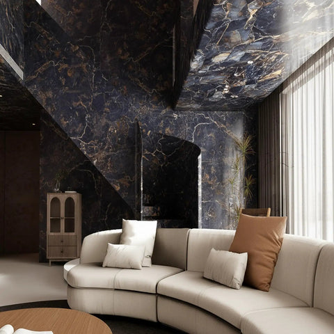 Stylish living room with Black Marble Peel And Stick Contact Paper 16 Inch By 118 Inch Self Adhesive Waterproof Wallpaper accent wall.