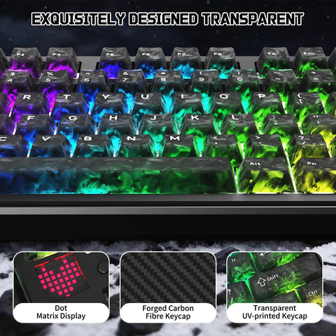 Top Shelf Wireless Mechanical Keyboard With Blazing 8k Polling Speed And A Rock Solid 10000Mah Cell Mounted On A Clever Dot Matrix Panel Plus Dope 168 Million Rgb Backlights For Your Pro Gamer Desk Rig with vibrant RGB lighting and transparent keycaps.
