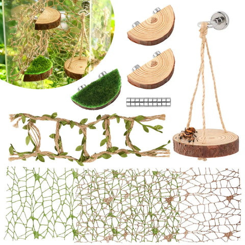 Premium Seven Piece Jumping Spider Habitat Decor Kit Featuring Natural Wood Platforms, hemp rope swing, and textured nets.