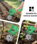 20V Cordless Tiller Cultivator With 2x 2.0Ah Batteries And Charger in garden soil, showcasing rototilling capabilities.