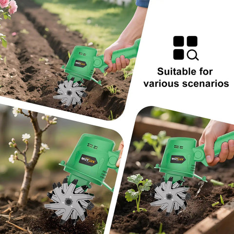 20V Cordless Tiller Cultivator With 2x 2.0Ah Batteries And Charger in garden soil, showcasing rototilling capabilities.