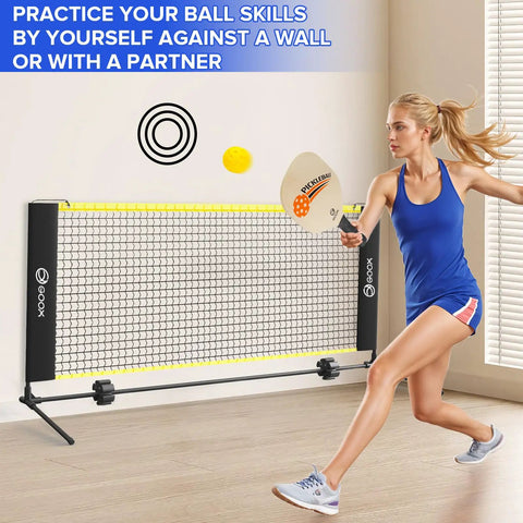 Woman playing with Six Foot Mini Pickleball Net Set With Quick Setup For Indoor And Outdoor Play Portable Practice Net