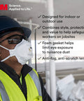 Person wearing Virtua CCS Safety Glasses with Anti Fog Lens, gray lens, black frame, foam gasket, and ear plugs on a worksite.