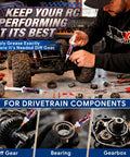 Two Pack RC Grease With Precision Syringe Applicator for gears, bearings, axles shown being applied in RC car workshop