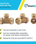 Reducing Tee Push To Connect Brass Plumbing Fitting For PEX Copper CPVC PERT And HDPE Pipes One Inch By One Inch By Three Quarter Inch