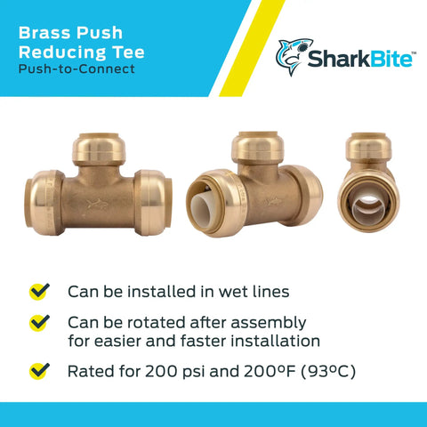 Reducing Tee Push To Connect Brass Plumbing Fitting For PEX Copper CPVC PERT And HDPE Pipes One Inch By One Inch By Three Quarter Inch
