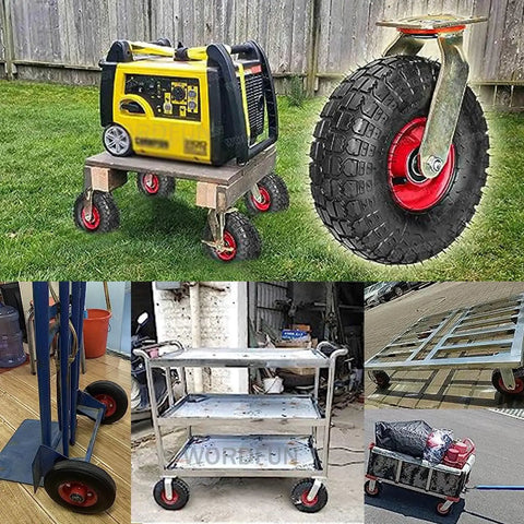 Heavy Duty Caster Wheels Top Plate Swivel Casters For Carts Dollies Trolleys And Workbenches shown in workshop and garage use
