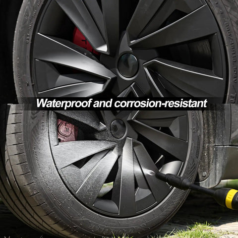 Premium Matte Black 19 Inch Spiral Aero Wheel Covers Sweet Fit For Tesla Model Y Juniper with water spray detail.