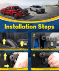 Installation steps for Top Shelf Rock Solid Bed Tie Down Anchors Box Link Bracket Kit on Ford trucks, showing key usage and positioning.