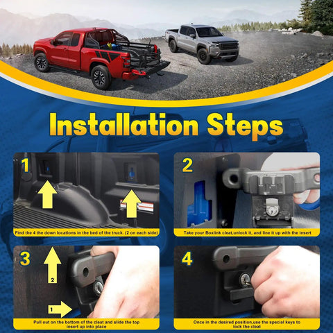Installation steps for Top Shelf Rock Solid Bed Tie Down Anchors Box Link Bracket Kit on Ford trucks, showing key usage and positioning.