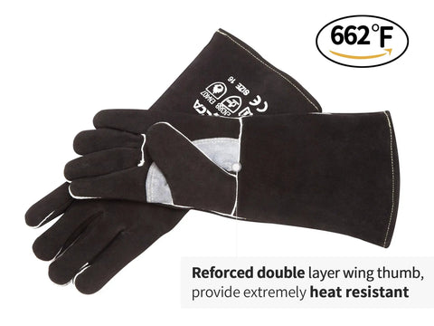 Heat Resistant Fireplace Gloves 14 Inch Fireproof Leather For Fireplace Fire Pit Wood Stove Campfire BBQ Grill Welding Oven Use Tough All Around Grip Ready Heat Shield Gear For Men Gift