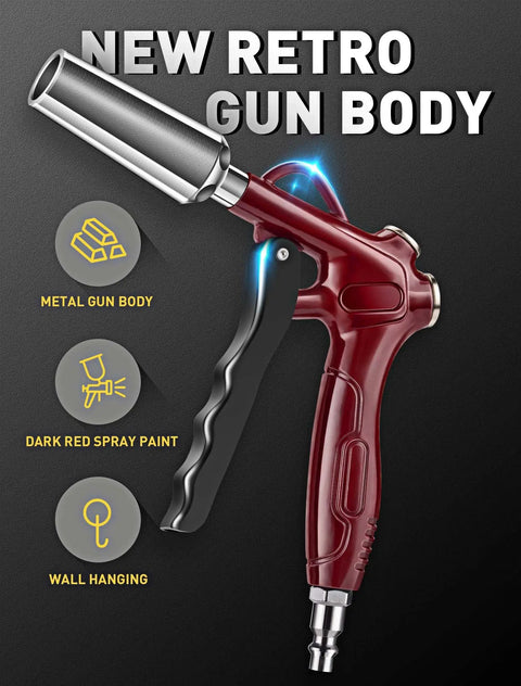 Heavy Duty High Flow Air Blow Gun With Adjustable 8 To 14 Inch Telescoping Extension in dark red metal body and spray paint