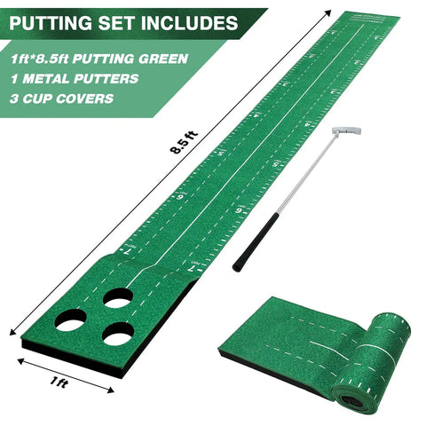Indoor Golf Putting Green Game Set With Metal Putter And Balls, 8.5 Ft Velvet Track Three Hole Putt Mat shown with dimensions