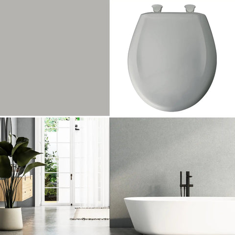 Ice Grey Round Toilet Seat With Slow Close And Easy Clean Hinges Durable Plastic Construction For Long Lasting Use Made In USA Modern Minimalist Look That Hides Stains And Reduces Noise In The Bathroom next to bathtub