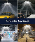 Three-Panel Deformable LED Garage Light With 3300 Lumens Of 5000K Daylight illuminating various indoor spaces