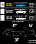Truck bed tarp size chart for different bed lengths with measurements for short, standard, and long bed trucks.