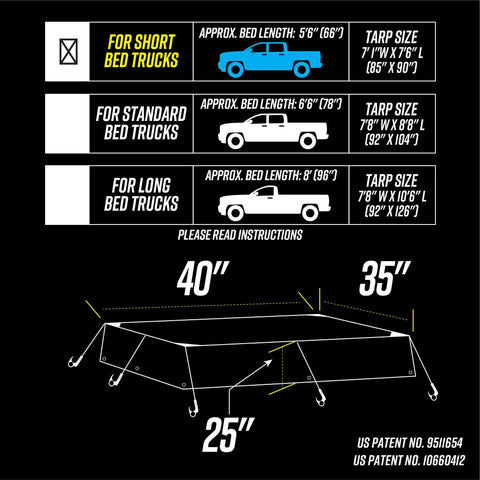 Truck bed tarp size chart for different bed lengths with measurements for short, standard, and long bed trucks.