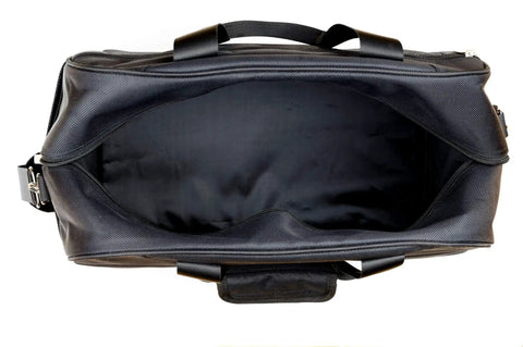 Top view of an empty black underseat personal item carry on bag for airlines durable nylon 1680 denier ballistic duffel bag