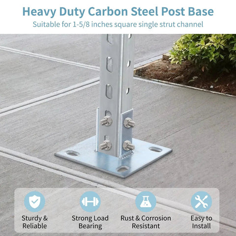 4 Pack U Shape Strut Post Bases for 1-5/8 Inch Square Channel, 5.7 x 5.7 Inch Flat Panel Base installed on concrete ground