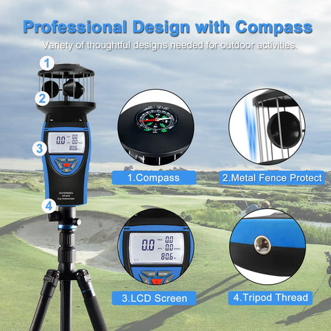 Handheld Cup Anemometer With Compass, 93 MPH Digital Wind Speed Meter, 360 Degree Wind Direction, CFM Air Flow Readout, Wind Velocity Gauges For Outdoor Sailing, Surfing, Drone Flying And HVAC on tripod