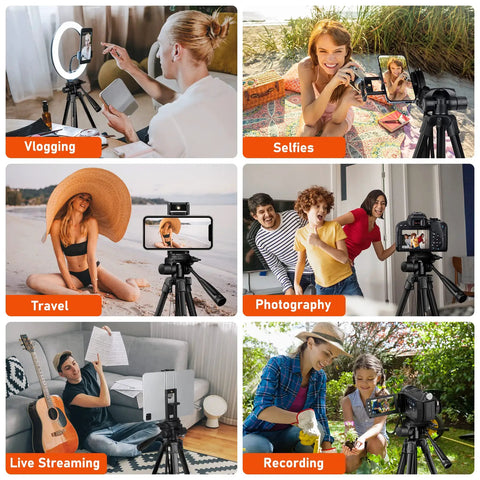 68 Inch Camera Tripod For Phone And Tablet, All In One Travel Stand With Remote in use for vlogging, selfies, travel, photography, live streaming, recording