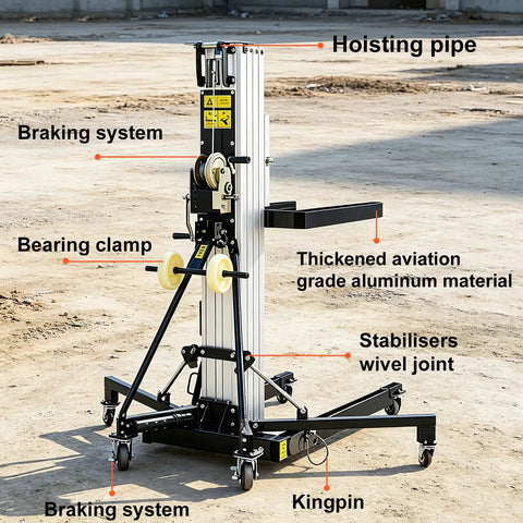 Heavy Duty Telescoping Aluminum Rigging Lift Tower With Manual Crank Winch Elevator For Construction and Stage Truss Setup shown with details.