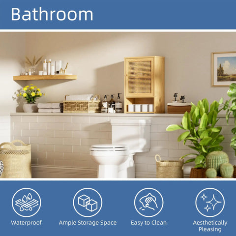 Rattan Bamboo Over The Toilet Wall Cabinet With Adjustable Inside Shelf And Open Lower Shelf Space Saver in bathroom.