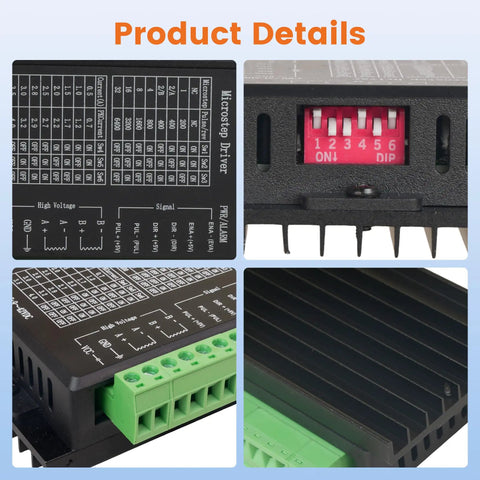 Detailed view of TB6600 Stepper Driver 3 Pack With 9-42V Power, 4A Max Current, 1-32 Microstep features, including DIP switches and connections.