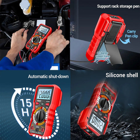 Pro Grade Digital Multimeter With Backlit LCD Case And NCV Flashlight For Quick Live Wire Detection And Data Hold Measuring AC DC Voltage Current Capacitance Resistance Continuity And Diode Test, red rubber case