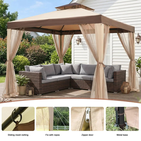 10x10 Outdoor Gazebo With Netting And Sun Shade Canopy For Patio And Backyard, Sturdy Metal Frame, UV Block 90 Percent