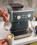 Semi Automatic Espresso Machine With Built In Burr Grinder In Juniper Color, Metal Clad Build For Durable, Pro Style Performance