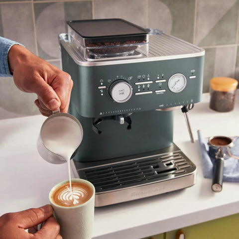 Semi Automatic Espresso Machine With Built In Burr Grinder In Juniper Color, Metal Clad Build For Durable, Pro Style Performance