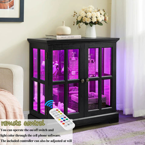 30 Inch Glass Curio Display Cabinet With LED Lighting Modern Two Lattice Doors showcasing tableware, remote control nearby