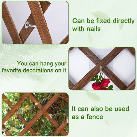 Expandable Natural Wood Lattice Fence Panel For Outdoor Use 13.4 By 78.8 Inches, showing installation options and plant decoration.