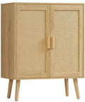 Rattan Style Storage Cabinet With Two Doors And Adjustable Shelves Deep Sideboard For Living Room Dining Room Or Entryway Natural Finish