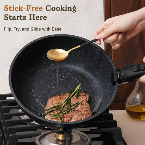 Cooking steak with rosemary in a 15 Piece Nonstick Pots And Pans Set With Detachable Handles Induction Compatible Includes 11 Inch Saute Pan 8 Inch Frying Pan 10.6 Inch Frying Pan 2 Qt And 3 Qt Sauce Pans Glass Lids Removable Handles And Storage Lids on stovetop.
