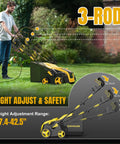 Man using Electric Lawn Dethatcher And Scarifier 16 Inch Wide, 15 Amp Corded Power Rake And Aerator with height adjustment feature