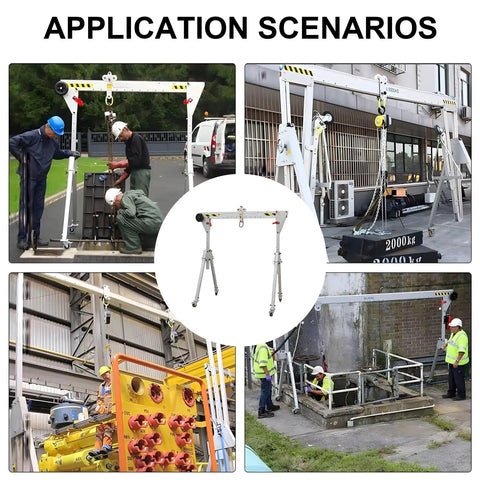 Portable Folding Gantry Crane, Heavy Duty Aluminum Alloy Lift Rated For Two Thousand Two Hundred Pounds in various work scenarios.