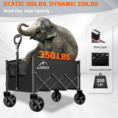 Heavy Duty Collapsible Wagon Cart With 350 Lb Capacity And All Terrain Wheels For Camping, Grocery Shopping, Garden And Sports, Large Foldable Utility Wagon With Adjustable Handle For Easy Towing On Any Terrain, Black.