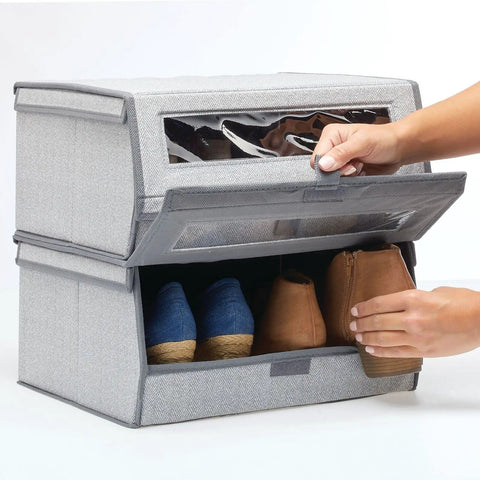 Hands accessing Large Fabric Closet Shoe Storage Box With Clear Window 8 Pack Gray Herringbone Lido Collection Durable Foldable Organizer