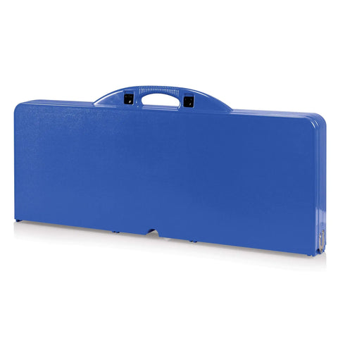 Compact folded view of Folding Picnic Table With Benches For Four, Portable Camping Outdoor Table With Umbrella Hole, Royal Blue.