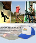 Vintage womens golf trucker hat in royal blue with washed distressed low profile look, shown with sports activities background.