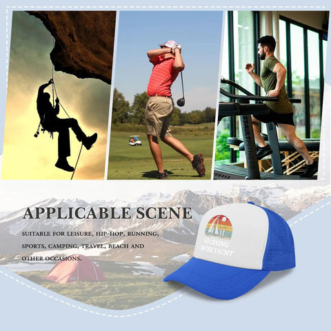 Vintage womens golf trucker hat in royal blue with washed distressed low profile look, shown with sports activities background.