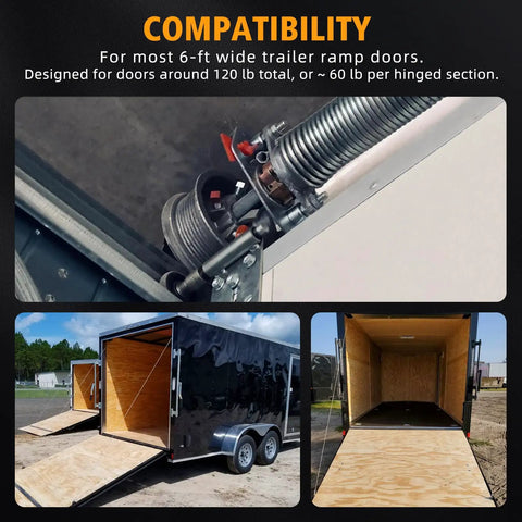 Ramp Door Spring Kit With Winding Bars For 6 Foot Wide Cargo Trailers, 60 Lb Torsion Spring Replacement, rear view with open ramp.