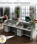 Eight Person Modular Cubicle Workstation Featuring Tall Privacy Panels And Integrated Power Hubs Plus Rolling File Drawers For A Stress Free Big League Office Setup, showing two workstations with privacy panels.
