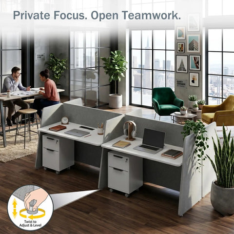 Eight Person Modular Cubicle Workstation Featuring Tall Privacy Panels And Integrated Power Hubs Plus Rolling File Drawers For A Stress Free Big League Office Setup, showing two workstations with privacy panels.