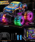 Monster Truck RC Car For Kids 1 To 20 Scale 2.4GHz All Terrain Toy With Lights Rechargeable Batteries Realistic Details Indoor Outdoor Off Road Ready Gift For Boys Girls Toddlers featuring colorful LED wheels and accessories.